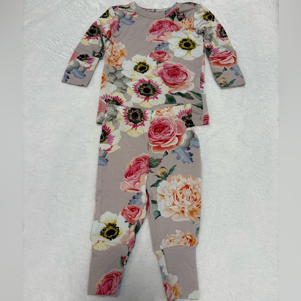 Posh Peanut French Grey Floral 2pc Set 0-3M Bamboo Pajamas EUC